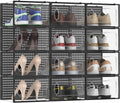 12 Pack Large Modular Clear Plastic Stackable Shoe Storage Organizer for Closet, Space Saving Versatile Sneaker Shoe Rack Containers Bins Holders, Portable Closet Organizers and Storage, Black
