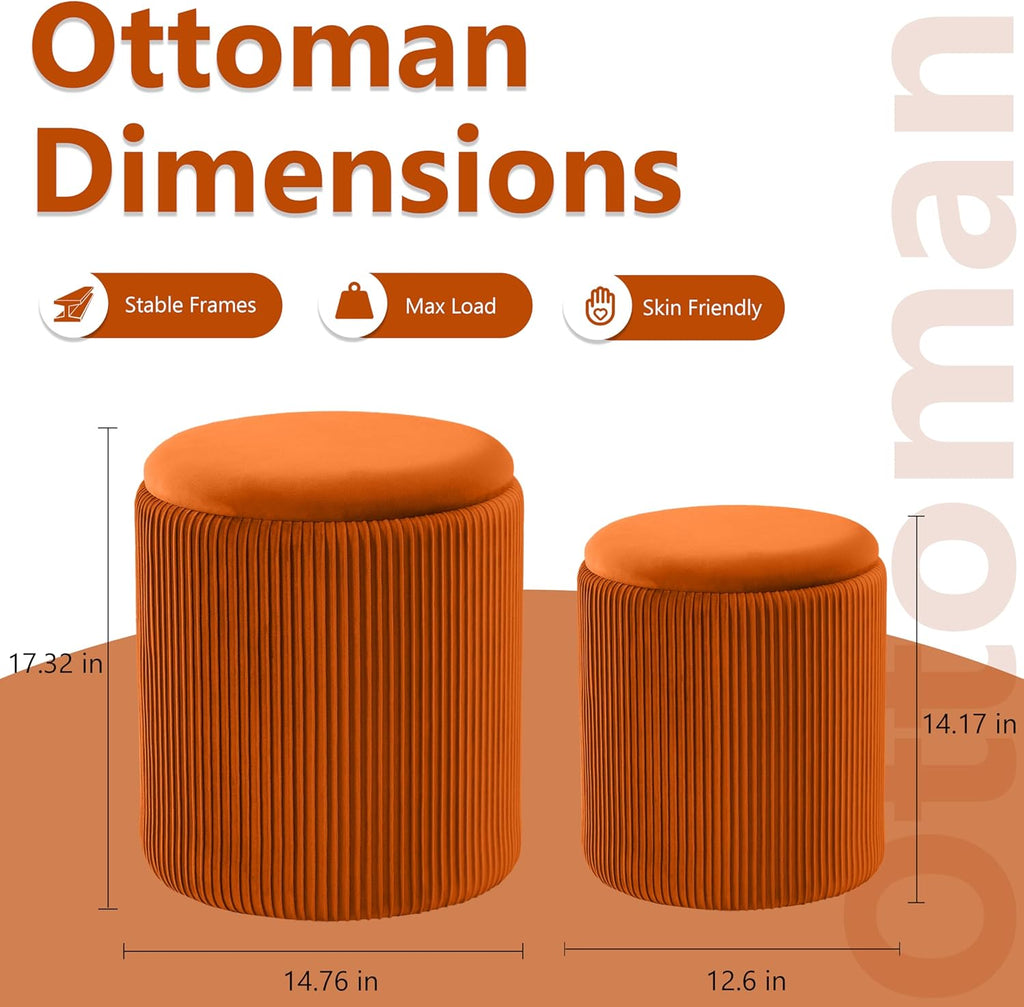 Round Ottoman with Storage Set of 2,Vanity Stool with Storage for Bedroom, Ottoman Coffee Table,Small Velvet Foot Stool for Living Room, Orange
