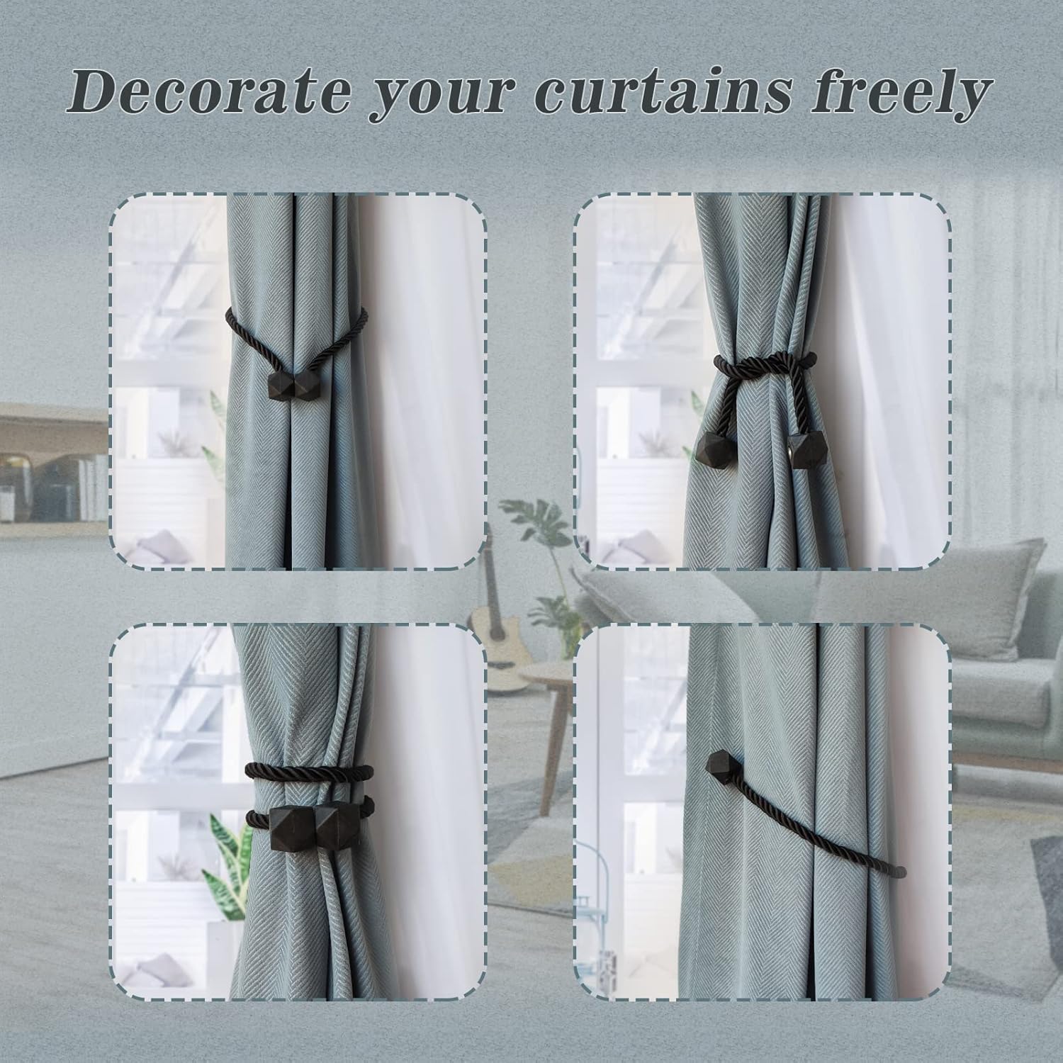 Hion Magnetic Curtain Tiebacks Black 6 Pack, Curtain Tiebacks Buckles Holdbacks Holders Hooks Clip for Home Bedroom Office Decorative Thick or Thin Curtain