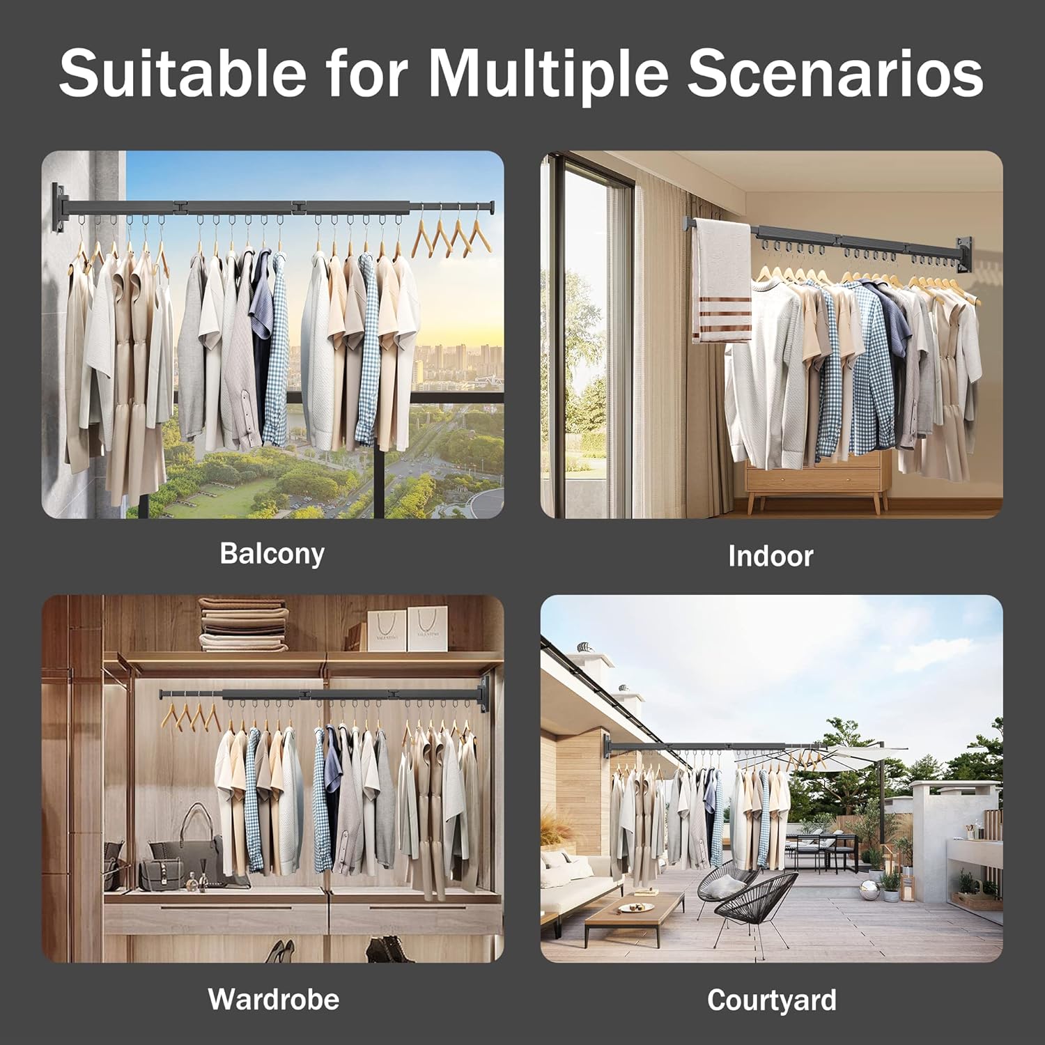Wall Mounted Clothes Drying Rack - Foldable, Retractable Laundry Hanger with Grey-Rings