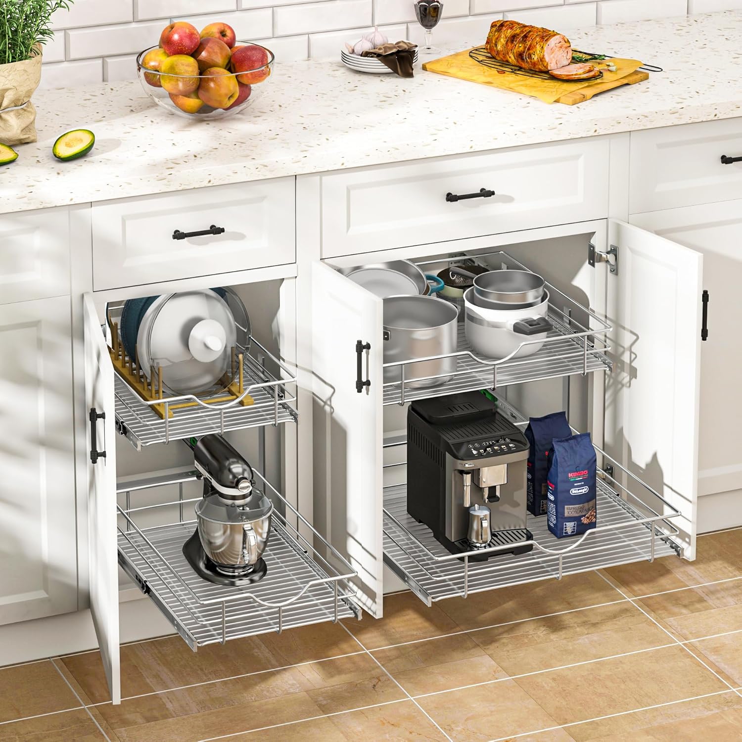 WelFurGeer 2-Tier Stainless Steel Pull Out Cabinet Organizer, Soft Close Damping Slides, Heavy Duty Chrome Plated Wire Basket with Shelf Liner, Perfect for Kitchen Cabinets, Pantry Storage, Under Sink