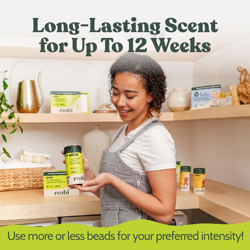 Roobi Sustainable Laundry Scent Booster Beads. Linen Breeze Fragrance Laundry Beads. Up to 20 Washing Cycles. Carbon Neutral, 100% Vegan.