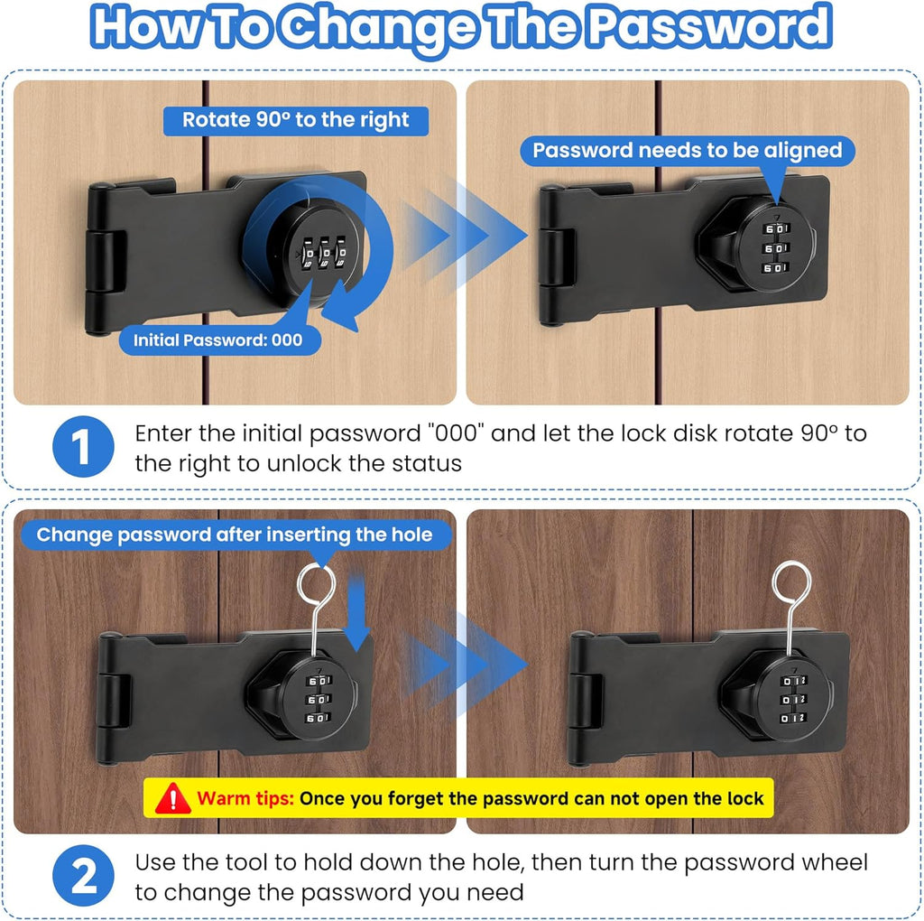Keyless Cabinet Lock with Combination Code - 3-Digit Password Hasp Latch Lock for Drawers, Bifold Closet Door and Double Sided Door (Black, 4.5 Inch)