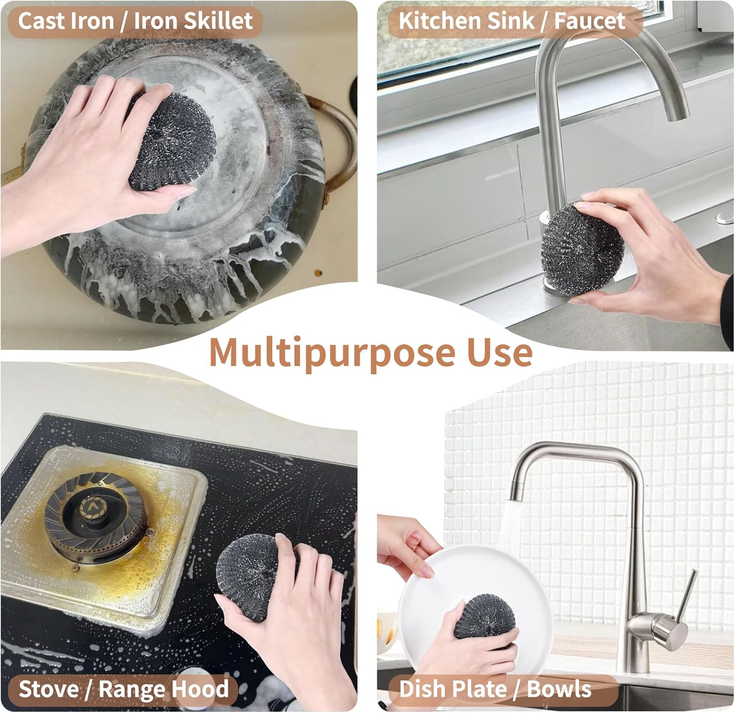 6PCS Steel Wool Scrubber Wire Sponge Set, Barbecue Grill Cleaning Scrubber Pads, Stainless Steel Scrubber Replacement for Scouring Messes from Cast Iron, Pots, Pans, Grill, Stoves, Sink (6 Pads)