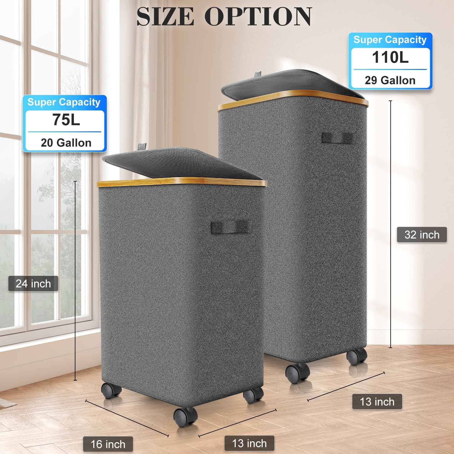 Laundry Hamper with Wheels,29 Gal (110L) Laundry Basket with lid Rolling Clothes Hamper Foldable Dirty Clothes Basket on wheels with Bamboo Frame and Bag for Bedroom, Dorm, Laundry Room-Grey