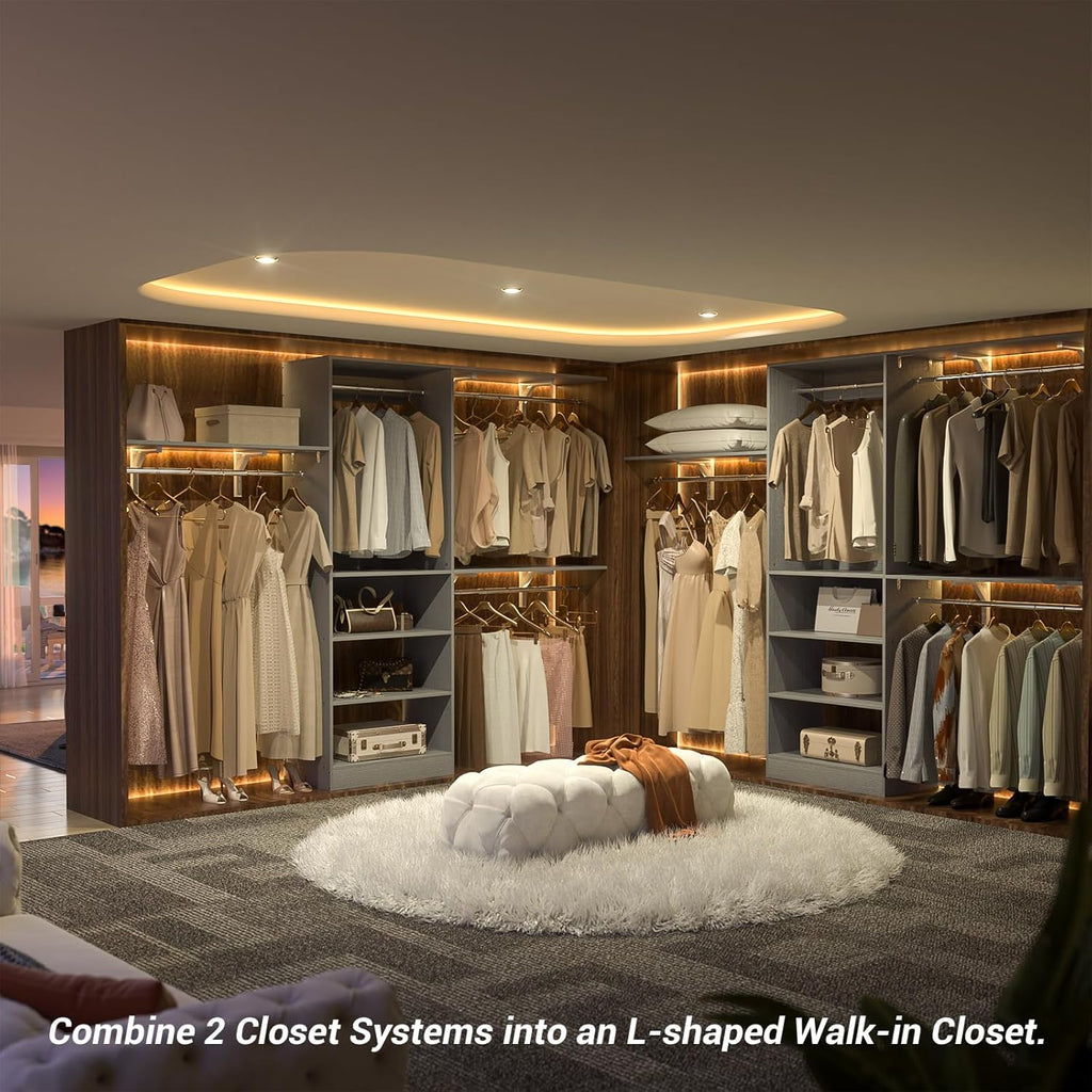 8FT Closet System with Shelves, 96'' Closet Organizer System with 3 Hanging Rods, Wall Mount Bedroom Wardrobe Walk-in Closet, Adjustable Cloth Garment Rack from 5 to 8FT (Cut to Fit), Grey