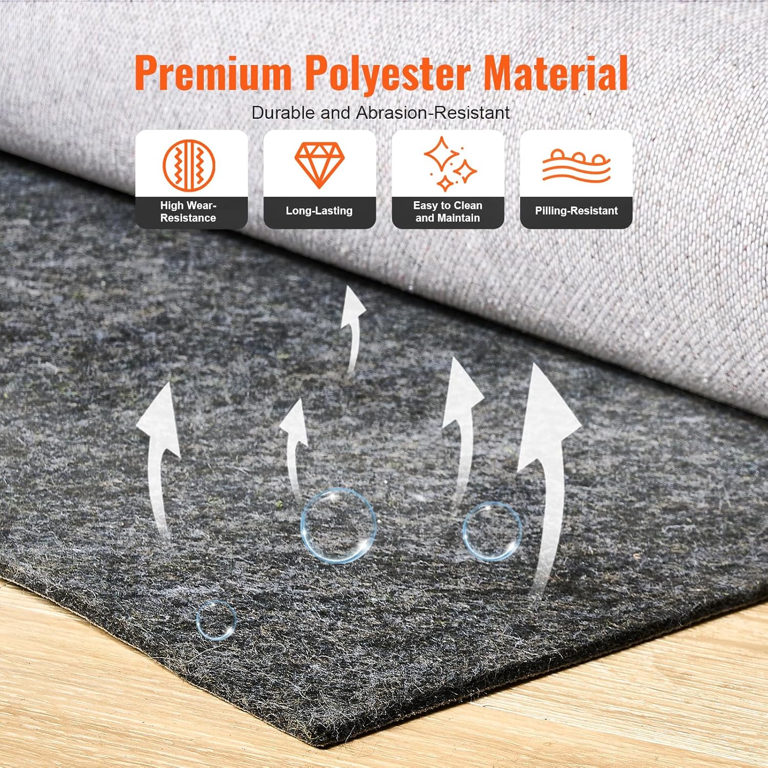 VEVOR Rug Pad Without Slip Resistance, Protective Cushioning Carpet Pad, 8' x 10', 1/2" Thick, 100% Pure Polyester Felt, 7-8㎡ Premium Comfort Underfoot Carpet Padding Rug Cushion for All Floors, Gray