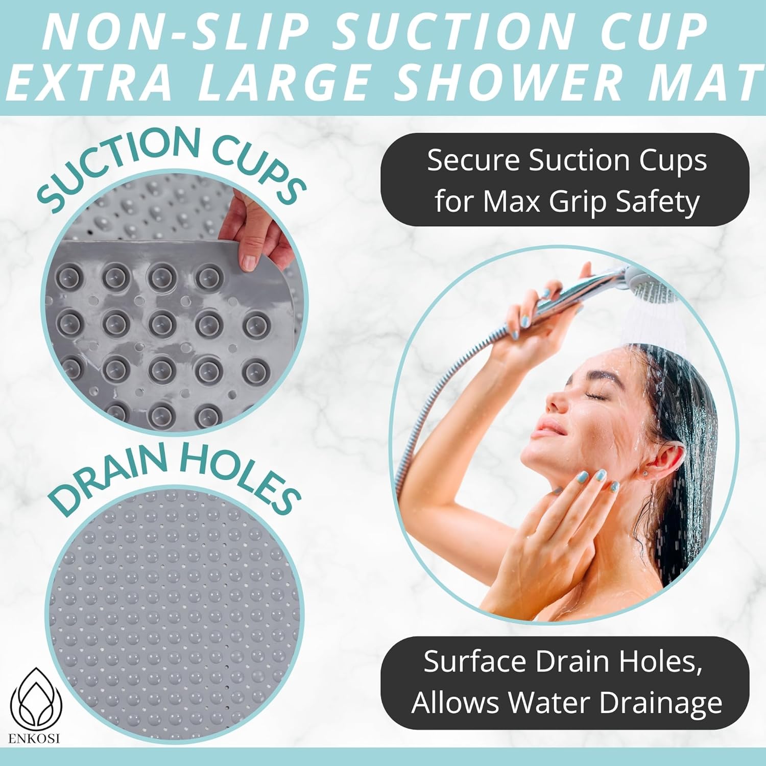 ENKOSI Extra Large Shower Mat Non Slip - 47 x 32 inch - XL Bathroom Shower Mat - Large Shower Matts for Shower Stall Floors - Secure Suction Cups and Drain Holes (47x32 Grey)