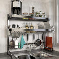 Over Sink Dish Drying Rack, 3 Tier Adjustable Length (20.87'' to 37.6'') Full Stainless Steel Large Storage Kitchen Dish Rack, Expandable Drainer Shelf Rack with Multifunctional Organizers