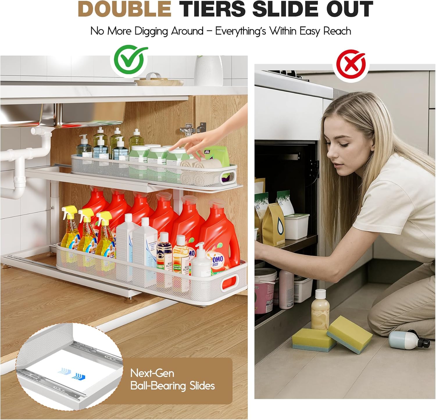 2-Pack 21.3 IN Depth Under Sink Organizer With Next-Gen Ball-Bearing Slides,Sophisticated Mesh 2-Tier Pull Out Shelf for Kitchen & Bathroom,Fits Small Items-Gun Gray