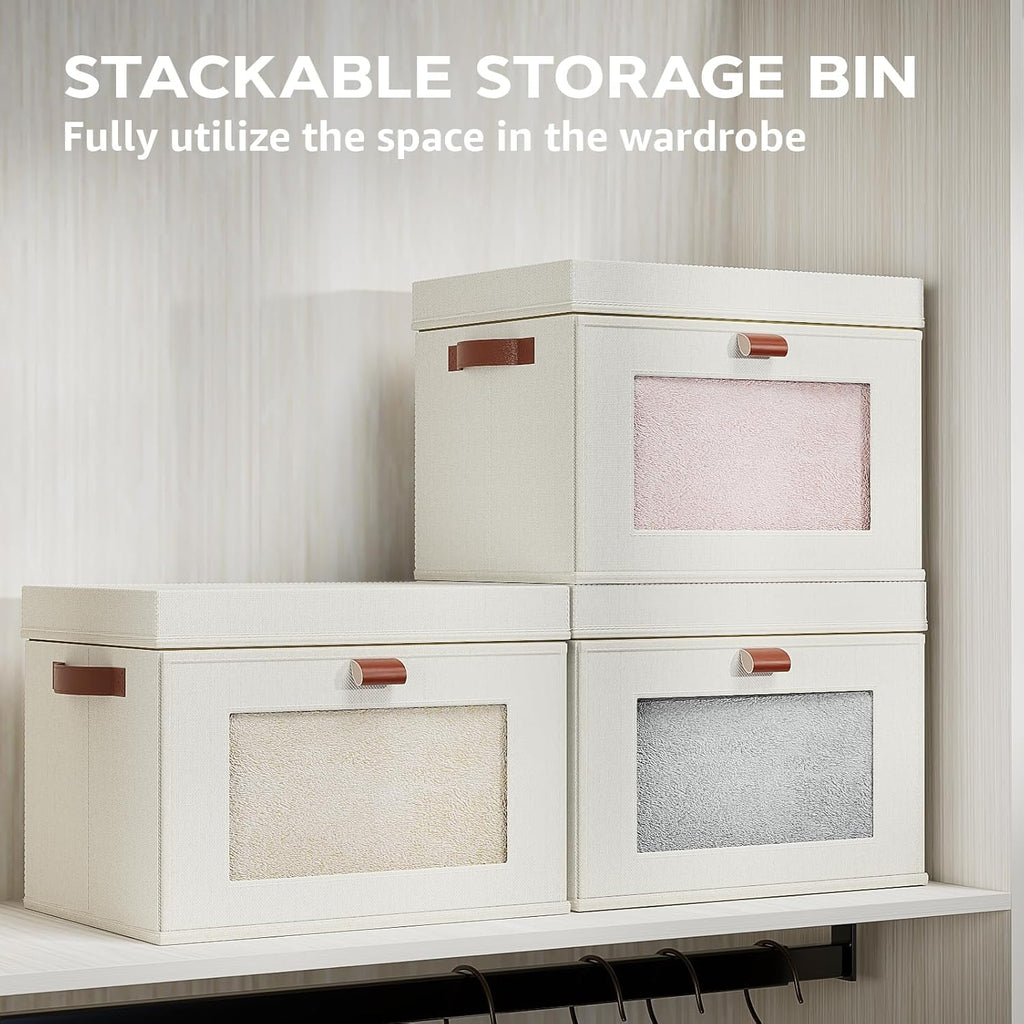 Large Storage Bins with Lids,Stackable&Collapsible Closet Storage Bins,Oxford Fabric Organizer Box with Clear Window,Large Decorative Storage Boxes for Shelves,Wardrobe,Living Room(Beige)