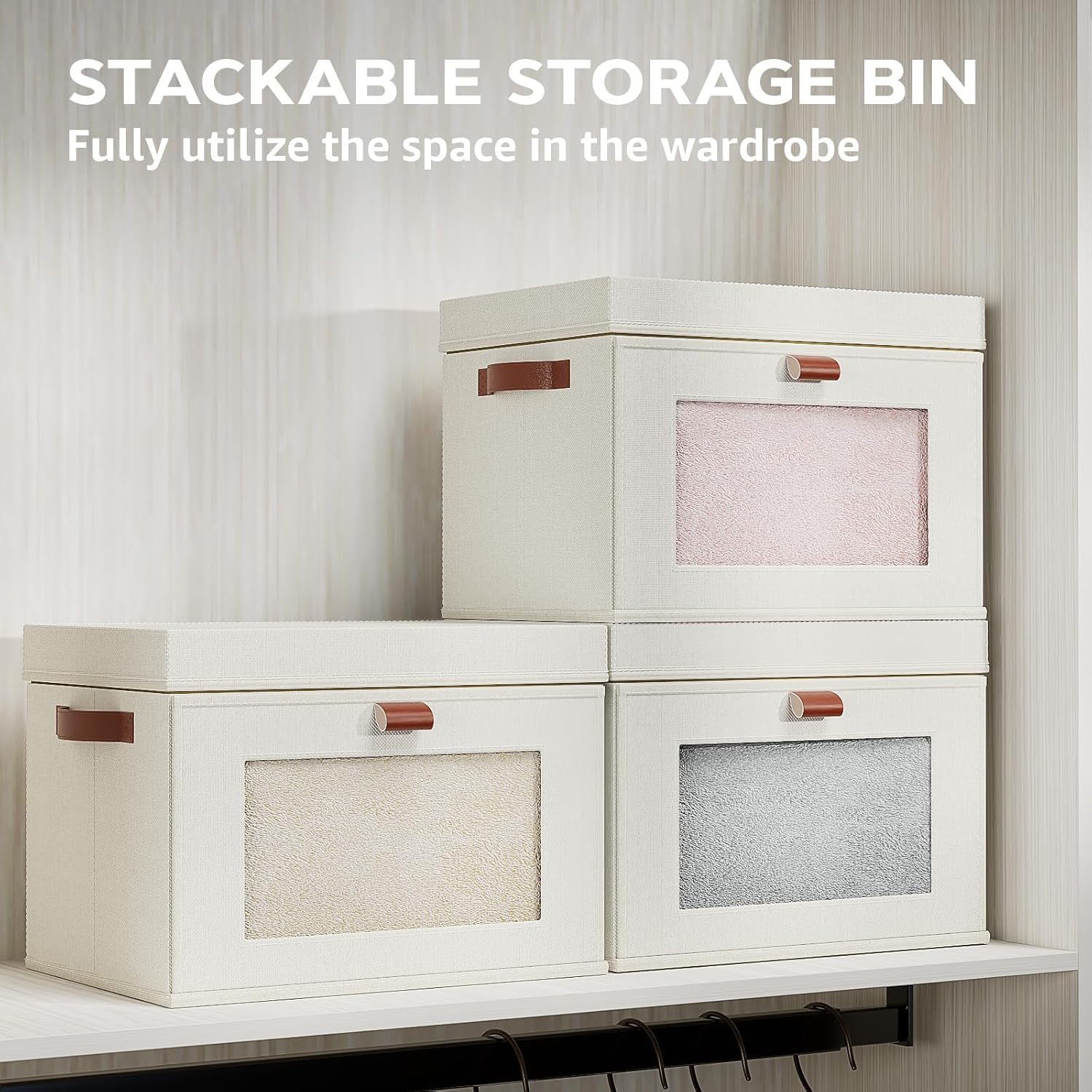 Large Storage Bins with Lids,Stackable&Collapsible Closet Storage Bins,Oxford Fabric Organizer Box with Clear Window,Large Decorative Storage Boxes for Shelves,Wardrobe,Living Room(Beige)