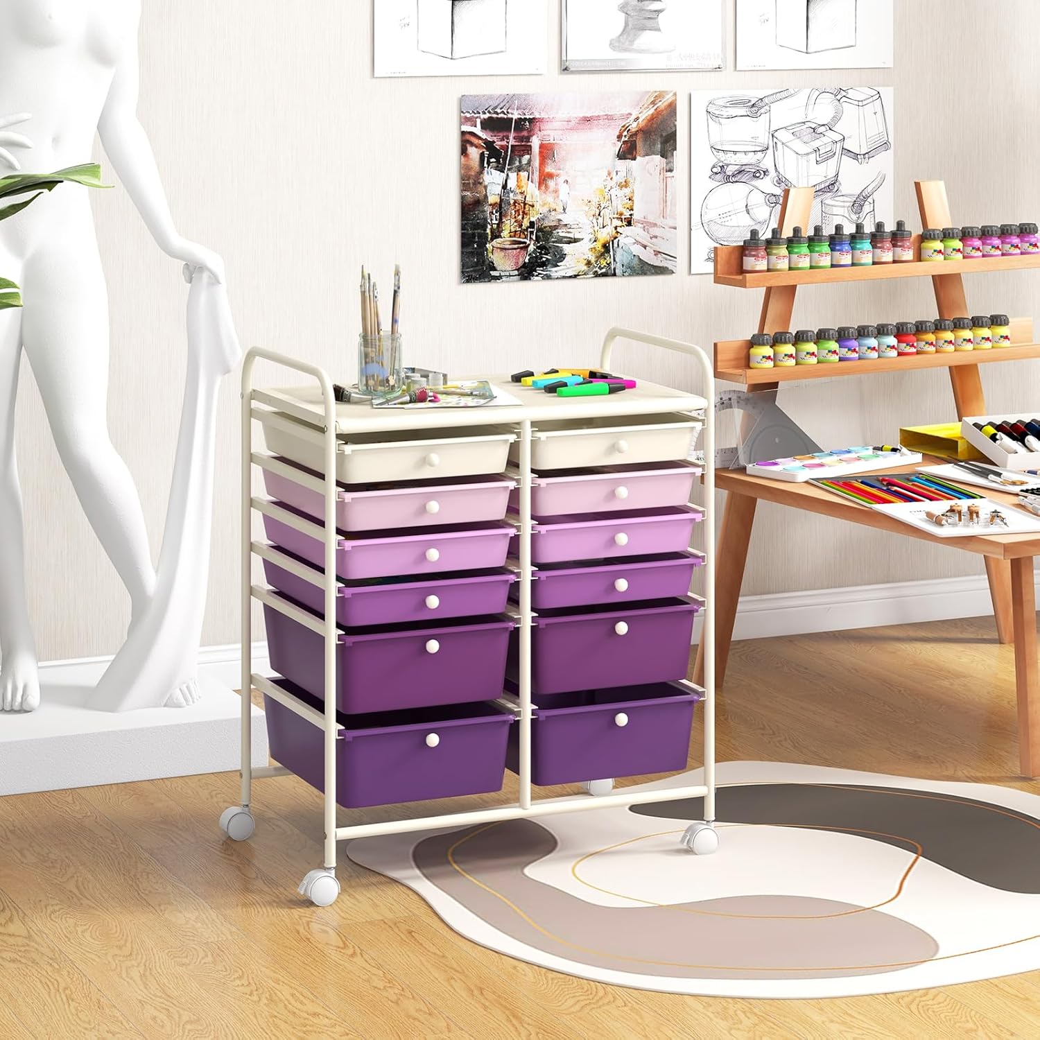 GOFLAME 12-Drawer Rolling Storage Cart, Multipurpose Organizer Cart with 2 Sizes Plastic Drawers, Mobile Utility Cart with Lockable Casters for School, Home Office, Beauty Salon, Purple Gradient