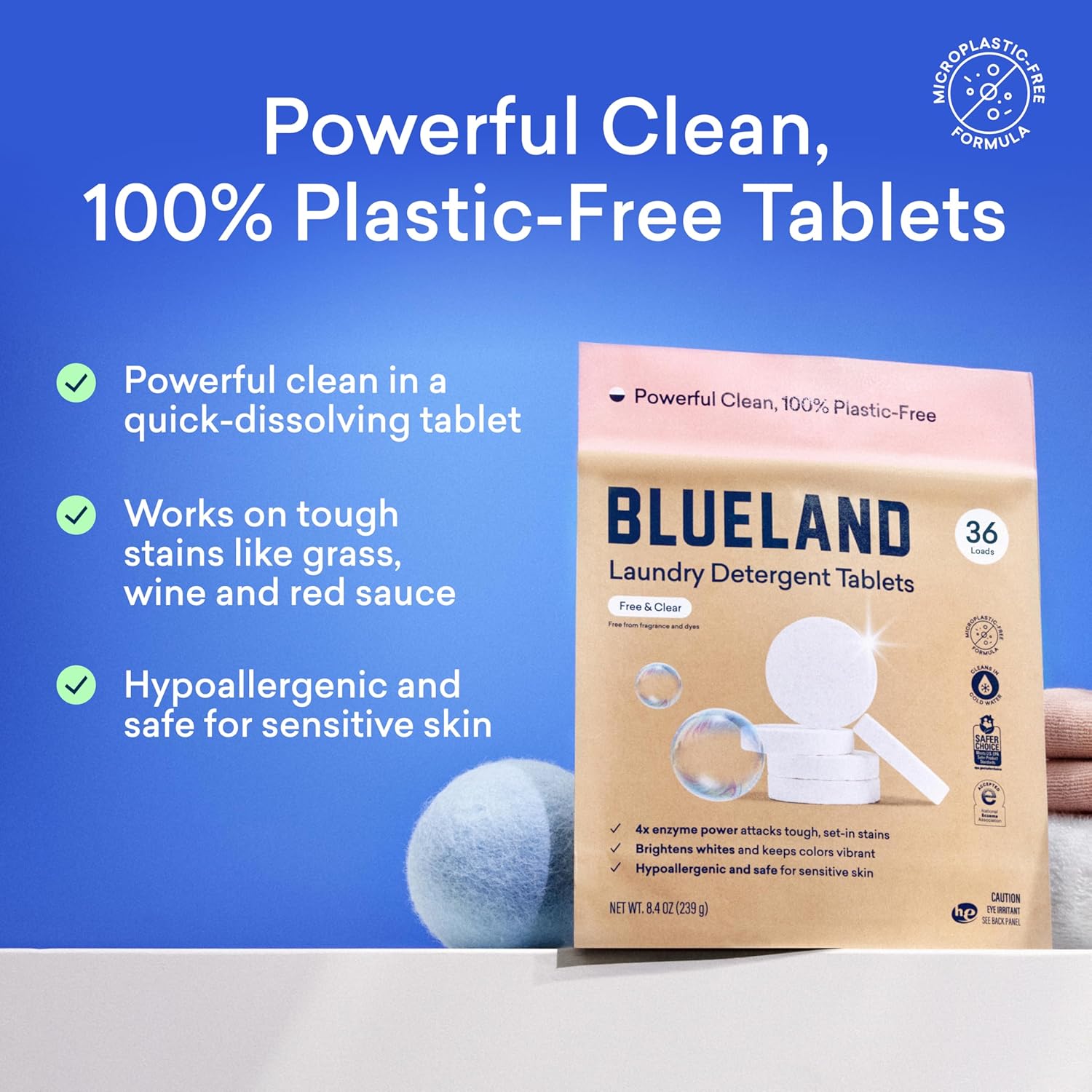 BLUELAND Laundry Detergent Tablets, 36 Count, Plastic-Free Eco-Friendly Pods, Sheets, Liquid Alternative - Fragrance Free and Clear, Natural, Gentle