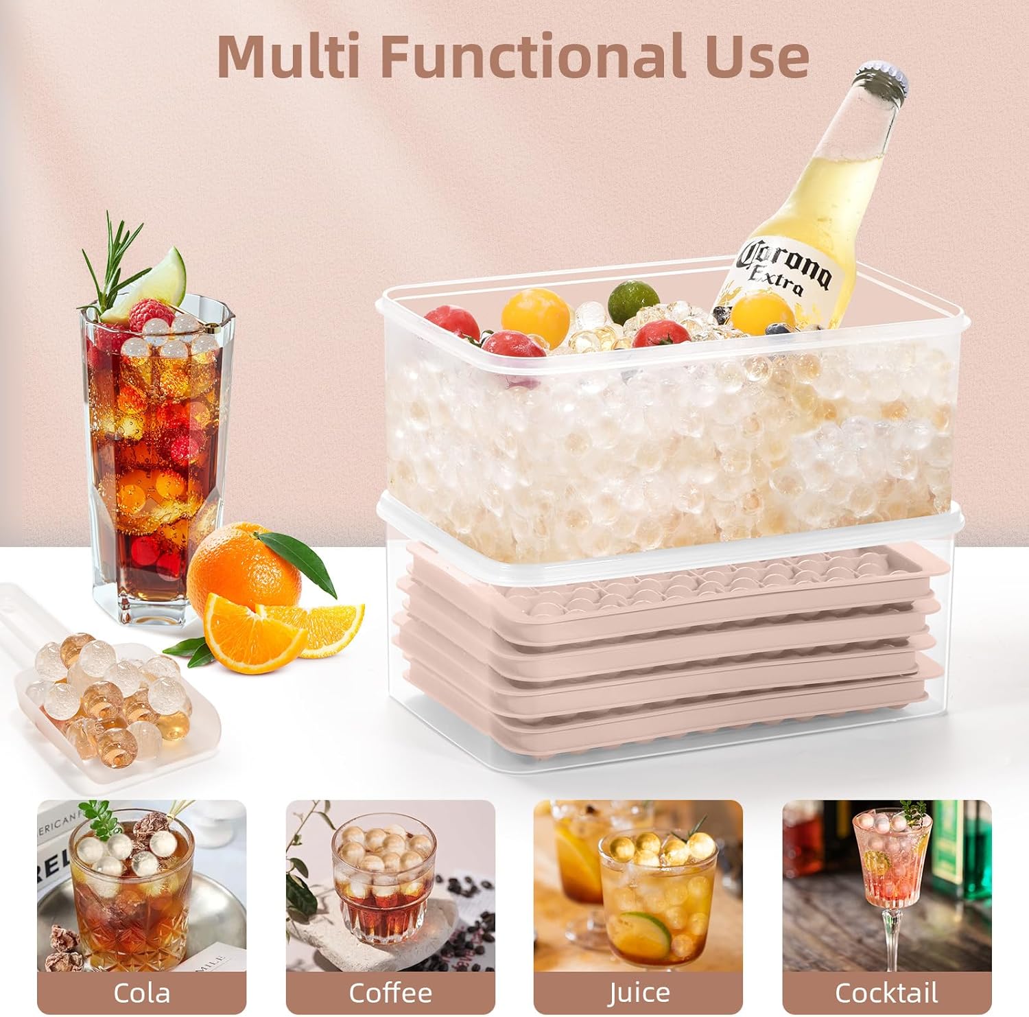 WIBIMEN Mini Ice Cube Trays, Small Tiny Round Pebble Crushed Nugget Ice Trays for Freezer with Lid - Chilling Drinks Coffee Juice(4 Pack/0.55In - Pink)