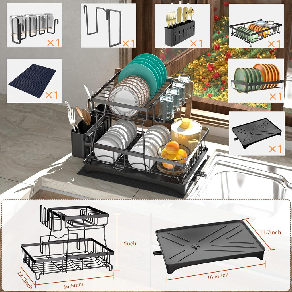 Godboat Dish Drying Rack, 2-Tier Dish Rack with Auto-Drain & Mat, Dish Racks for Kitchen Counter, Dish Drainer with Knife, Fork & Cup Rack, Gifts for Women, Mothers Day, Cool Stuff & Kitchen Gadgets