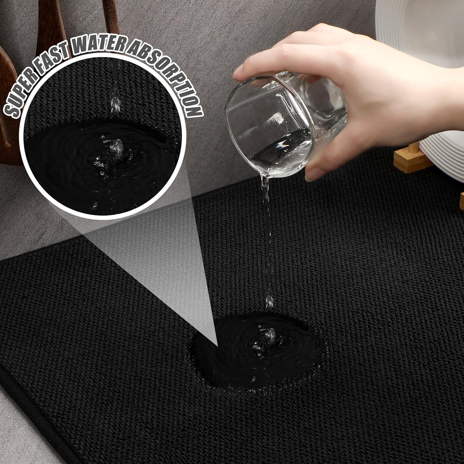 Hushee 2 Pack Extra Large Dish Drying Mat Microfiber Absorbent Dish Drying Pad Large Size Dishes Drainer Mats for Countertop, Sink, Refrigerator or Dryer (30 x 24 Inch,Black)