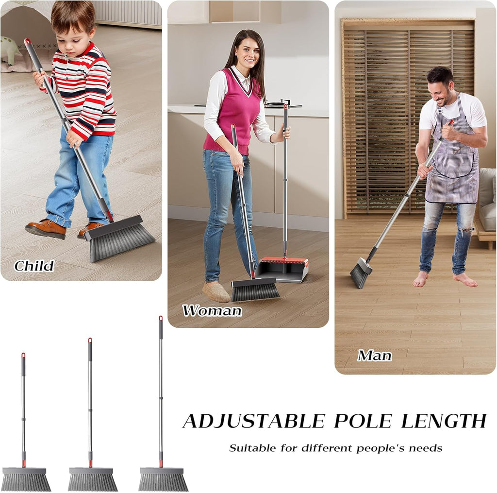 Broom with Dustpan Combo Set 180 Degree Rotating Broom Set with Comb Teeth Upright Standing Dust Pan with Adjustable Long Handle for Home Room Kitchen