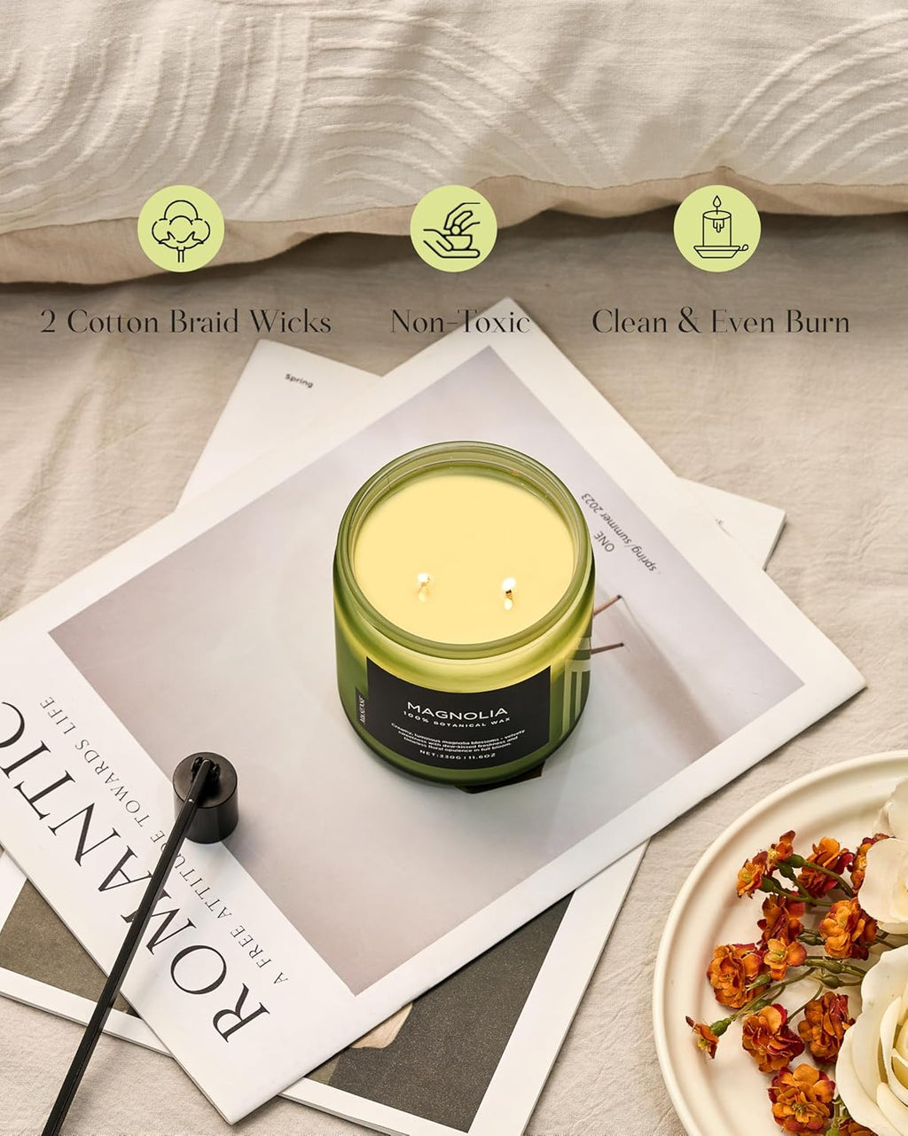 M&SENSE Magnolia Jasmine Spring Scented Candle, 11.6oz 70 Hours Long Lasting Clean Non Toxic All Natural Soy Wax Candle for Relaxing & Stress Relief, 2 Wick Romantic Fragrance Gifts for Home Decor