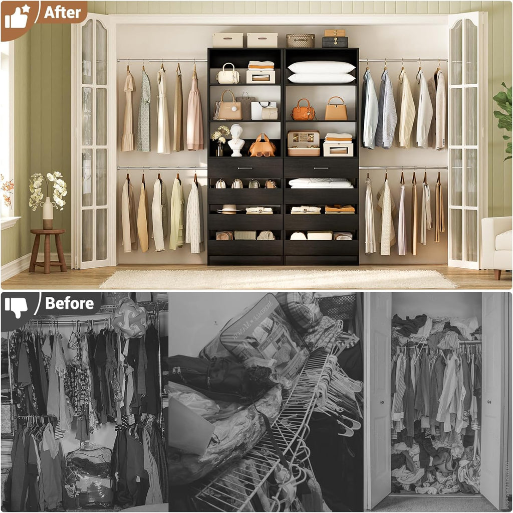 Aheaplus Closet System, 6-15Ft Closet Organizer with 8 Wooden Drawers, Wood Closet Organizer System with Tower, Walk-in Closet Organizer Wardrobe Clothes Rack with 4 Hanging Rods, Garment Rack, 1Black