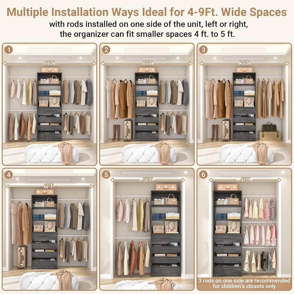 Aheaplus Closet System, 4-9 Ft Closet Organizer with 4 Wooden Drawers, Wood Closet Organizer System with Tower, Walk-in Closet Organizer Wardrobe Clothes Rack with 4 Hanging Rods, Black Oak