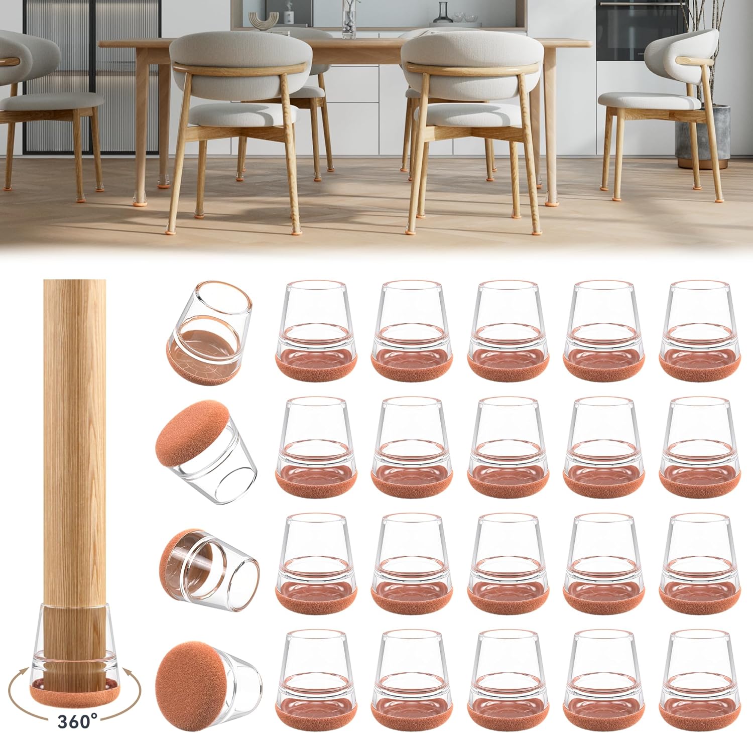 24PCS Extra Small Chair Leg Floor Protectors for Hardwood Floors, Furniture Sliders for Chair Legs, 360°Felt Pad Bottom Wrapped Thickening Furniture Pads Cap Covers to Scratch and Reduce Noise