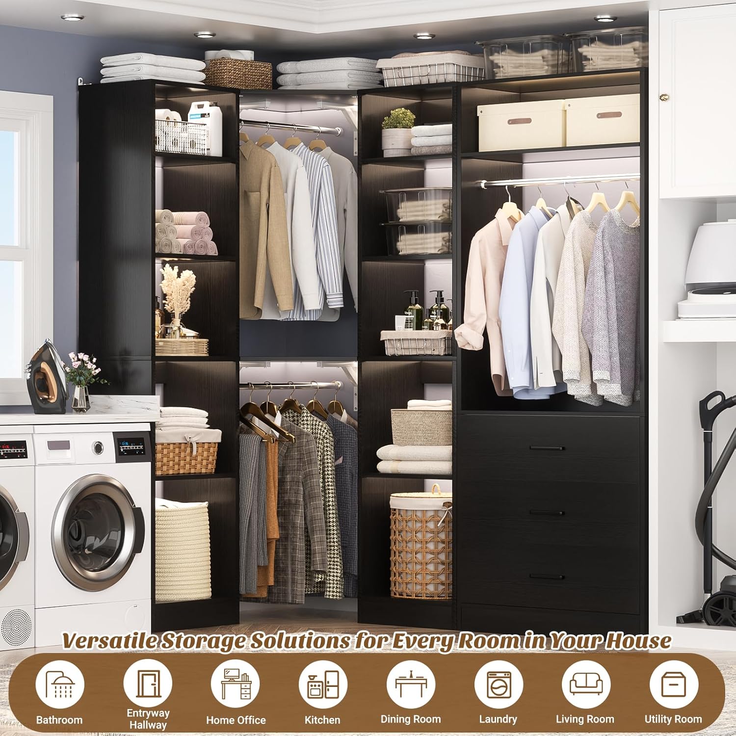 Corner Closet System with 3 Drawers, Corner Closet Organizer System with 13 Shelves & 3 Hanging Rods, 63.2"L * 39.2"W Reversible L Shaped Walk-in Closets, Load 2000+LBS, Black