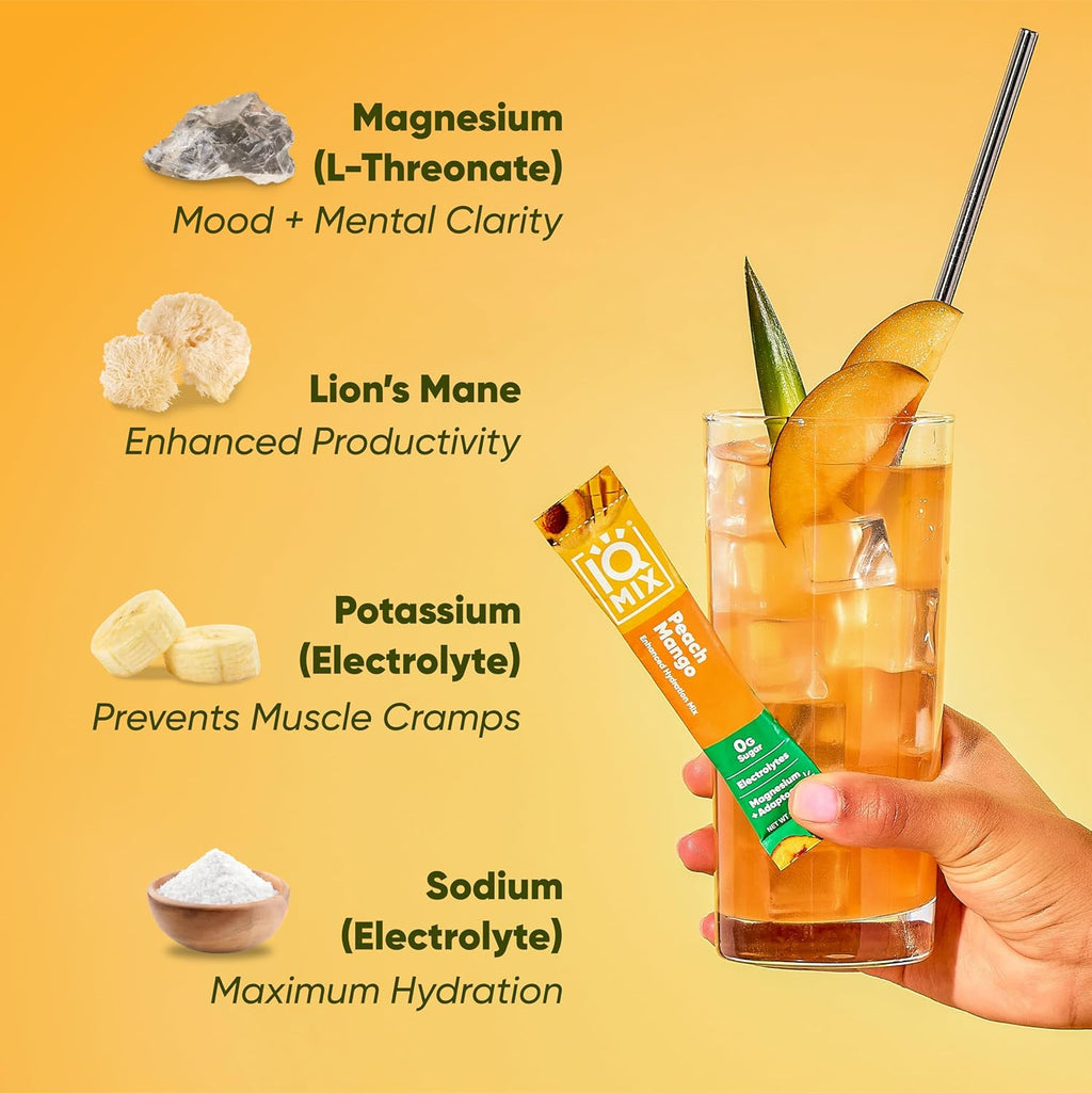 IQMIX Hydration Electrolyte Powder – 4-in-1 Formula for Hydration, Mental Clarity, Mood and Recovery – Sugar-Free Drink Mix, Keto, Magnesium L-Threonate, Lion’s Mane – 20 Count Peach Mango