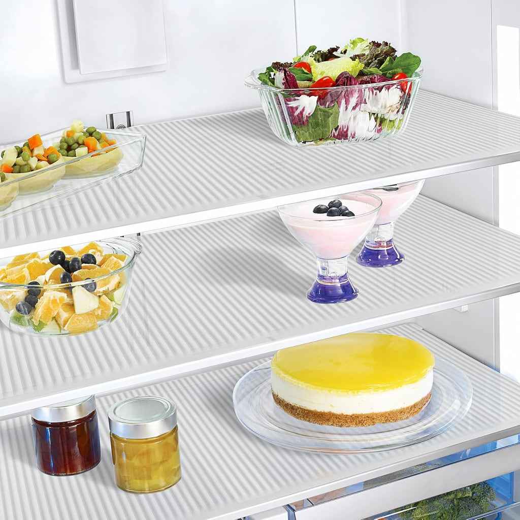 Non-Slip Silicone Refrigerator Liners for Shelves, Reusable Washable Fridge Shelf Drawer Liners, Cuttable Waterproof Oilproof Fridge Liner for Glass Shelve Kitchen Cabinet Drawer Mats (Clear, 4 Pack)