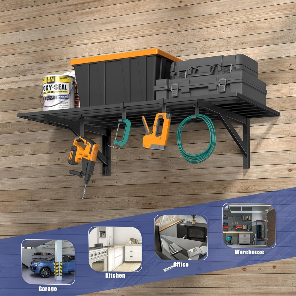2x4ft Heavy Duty Garage Shelving, 2' x 4' Garage Wall Shelving Wall Mounted, 200LB Capacity Storage Rack with Hooks (1pack-2x4ft)