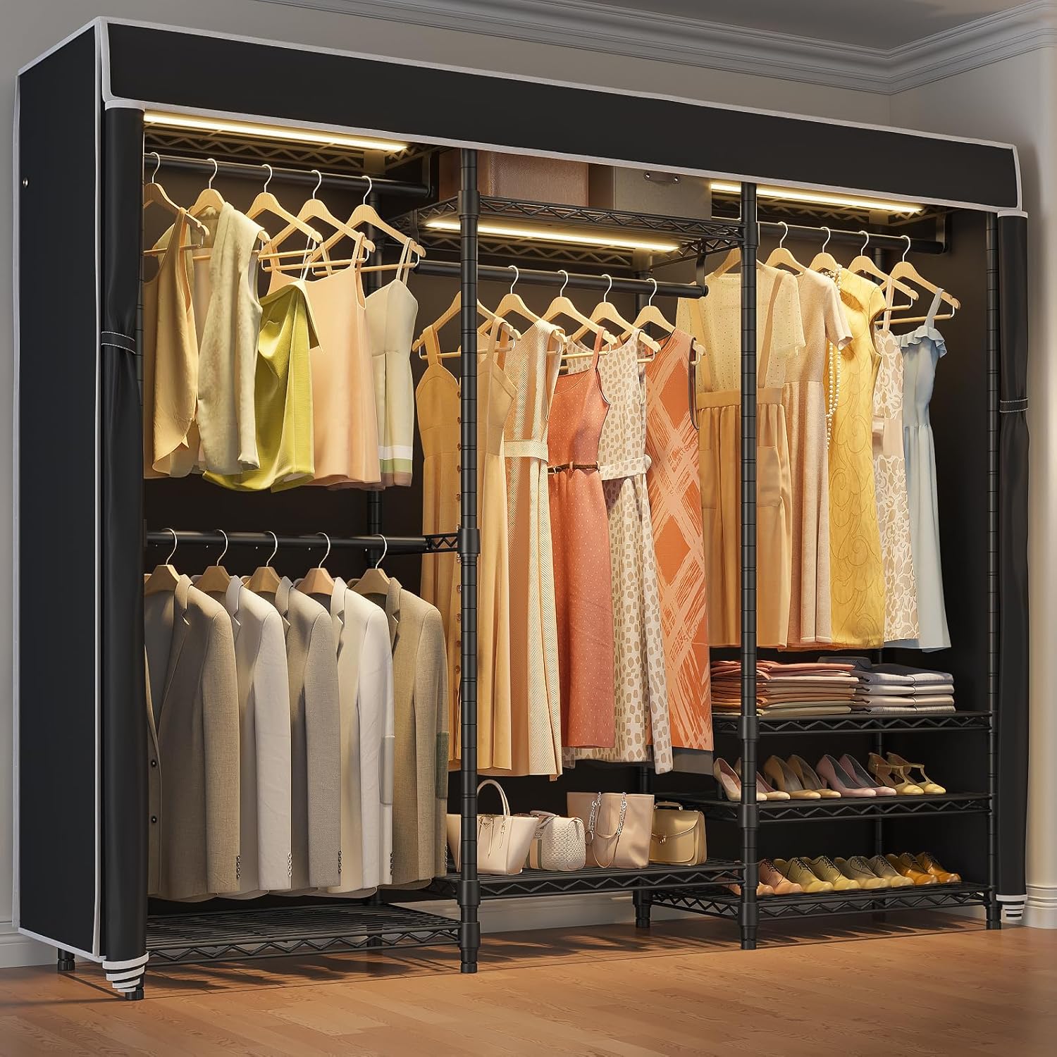 VIPEK V5LC Garment Rack Heavy Duty Covered Clothes Racks with Dimmable LED Light 3000K Warm White, Portable Closet Wardrobe Freestanding Clothing Racks for Hanging Clothes, Black Rack with Black Cover