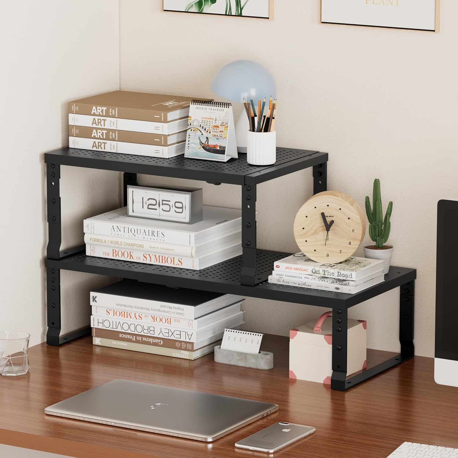 Metal Stackable Expandable Storage Shelf - Multi-Functional Home Storage Shelf, Suitable for Kitchen, Cabinet，Bathroom, Office, Garage, etc.（1PACK/Black/Medium