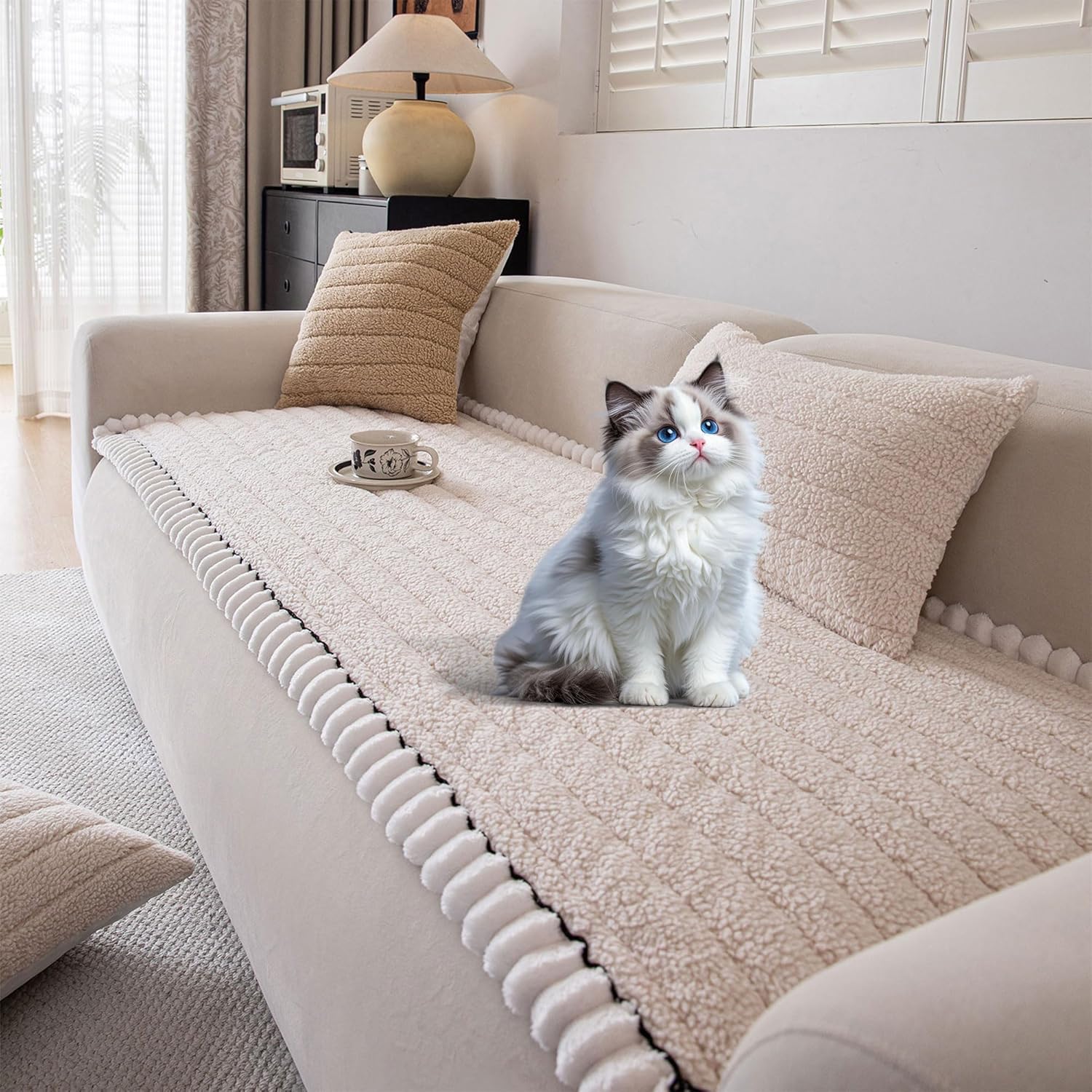 OTOB Sofa Covers for 3 Cushion Couch Washable, All Seasons Fuzzy Non Slip Kids & Pet Friendly Dog Bed Mats Couch Cover, Soft Plush Sofa Slipcovers Furniture Protector (Beige, 27.6" x 70.9'')