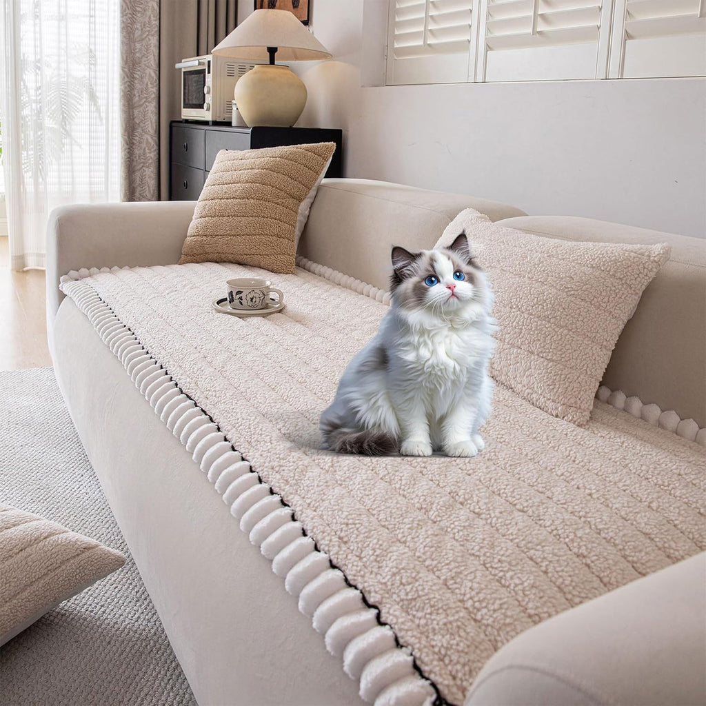OTOB Couch Cover for Dogs Washable, Non Slip Plush Fuzzy Sofa Covers for 3 Cushion Couch All Seasons, Kids Pet Friendly Soft Cozy Furniture Protector Sofa Slipcovers (Beige, 27.6" x 82.7")