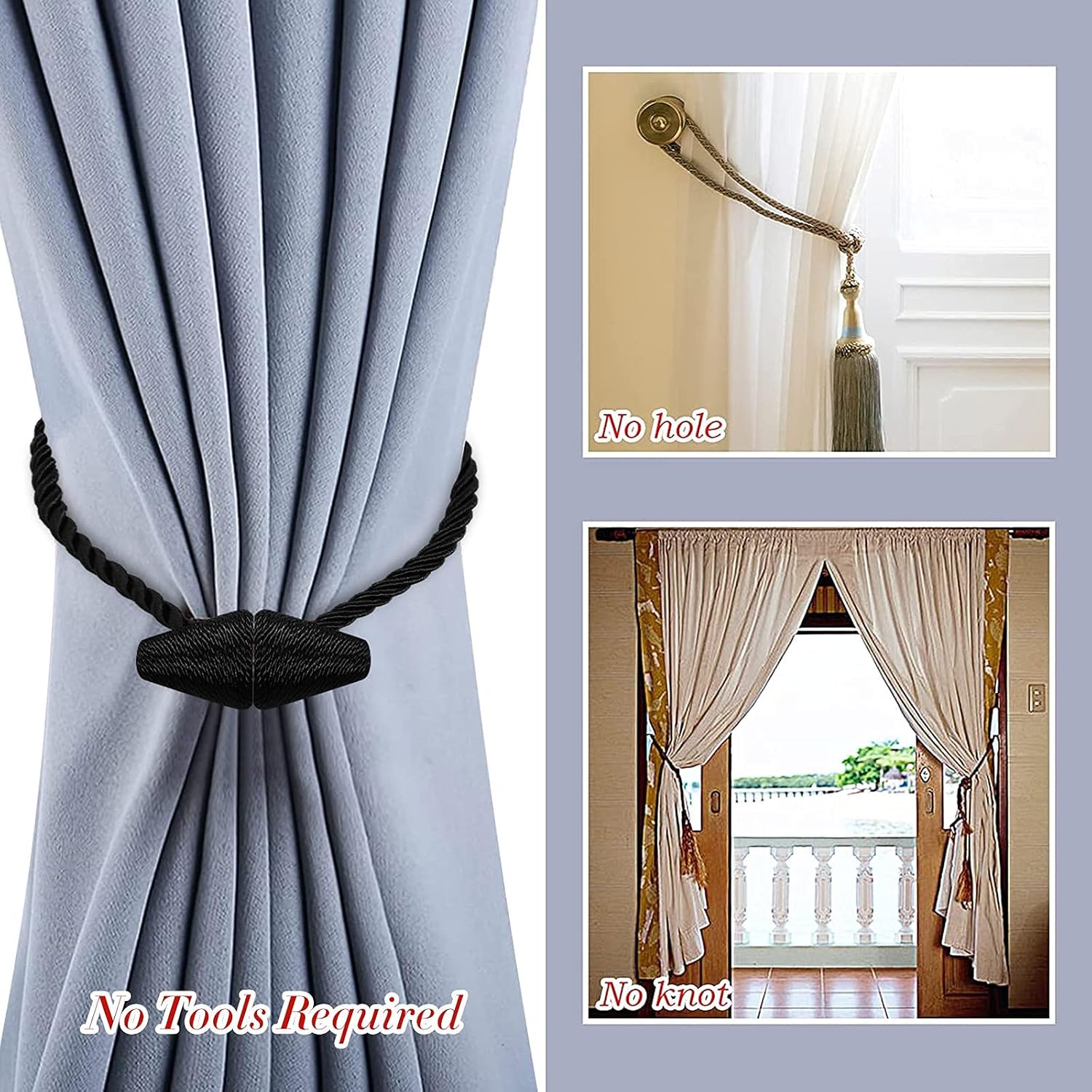 Hion Magnetic Curtain Tiebacks Black 2pcs, Curtain Tiebacks Buckles Holdbacks Holders Hooks Clip for Home Bedroom Office Decorative Curtain