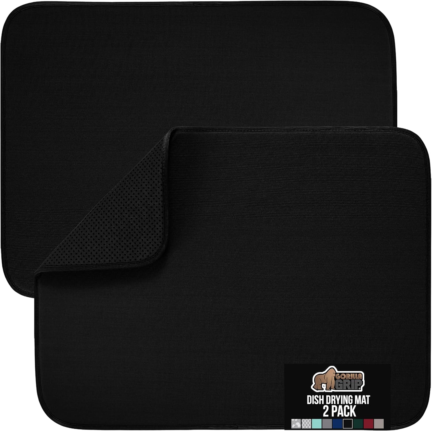 GORILLA GRIP Ultra Water Absorbent Microfiber Dish Drying Mat, Quick Dry Thick Mesh, Slip Resistant Pad for Sink Dishes or Under Rack, Kitchen Counter Accessories, 16x18, Machine Wash, 2 Pack Black