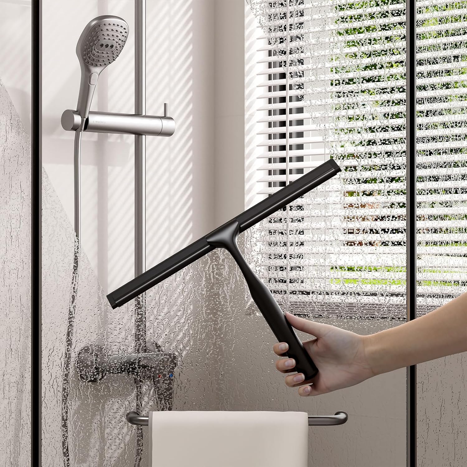 Stainless Steel Shower Squeegee for Glass Doors, Multi-Purpose Squeegee for Shower Glass, Bathroom and Car Windows, Squeegee with Adhesive Hook-10”, Black