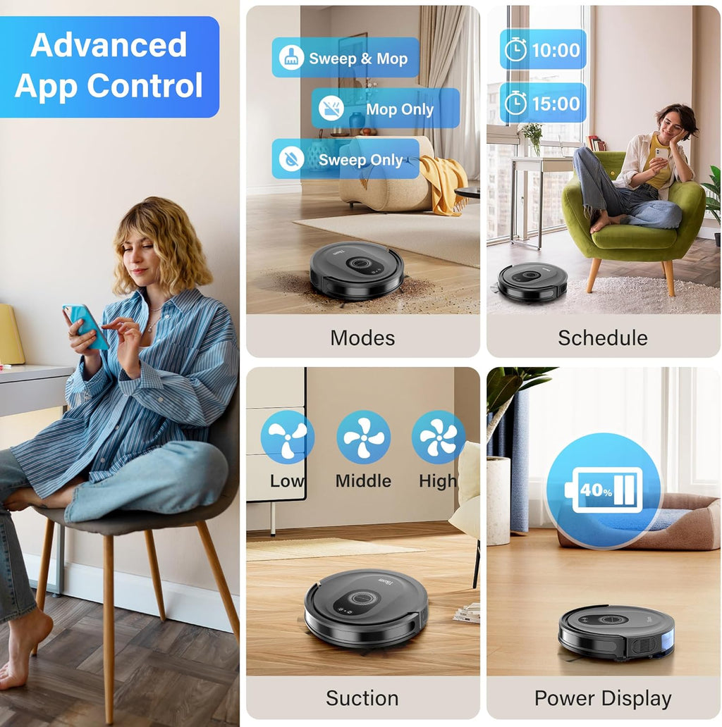 Tikom Robot Vacuum and Mop Combo, 5000Pa Robotic Vacuum Cleaner, 150 Min Max, App & Remote Control, Ideal for Hard Floor, Carpet, Pet Hair, Self-Charge(G8000 Max)