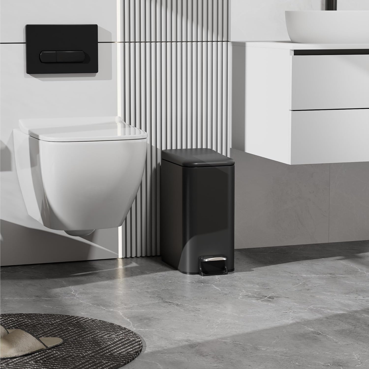 Small Trash Can with Lid Soft-Close, 6 L/1.6 Gal Bathroom Garbage Can with Removable Inner Bucket, Step Pedal, Stainless Steel Wastebasket for Kitchen, Bathroom, Bedroom, Office, Matt Black