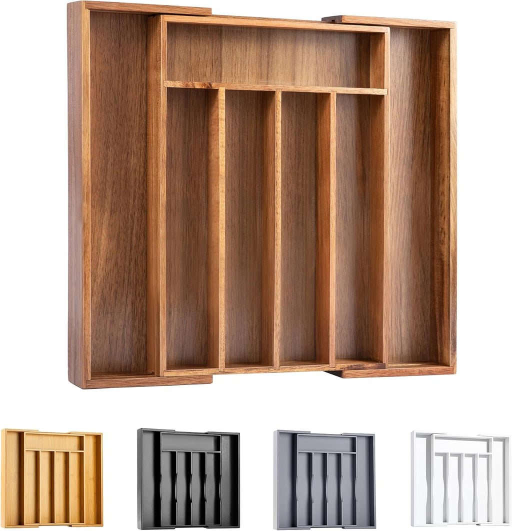 Bellsal Acacia Silverware Organizer Kitchen Drawer Organizer Expandable Bamboo Utensil Holder Cutlery Tray for Kitchen Utensil and Flatware Bedroom Office