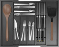 Bamboo Kitchen Drawer Organizer, Expandable Utensil Organizer with Removable Knife Block, Cutlery Tray Holder with Divider, Adjustable Silverware Organizer, Black
