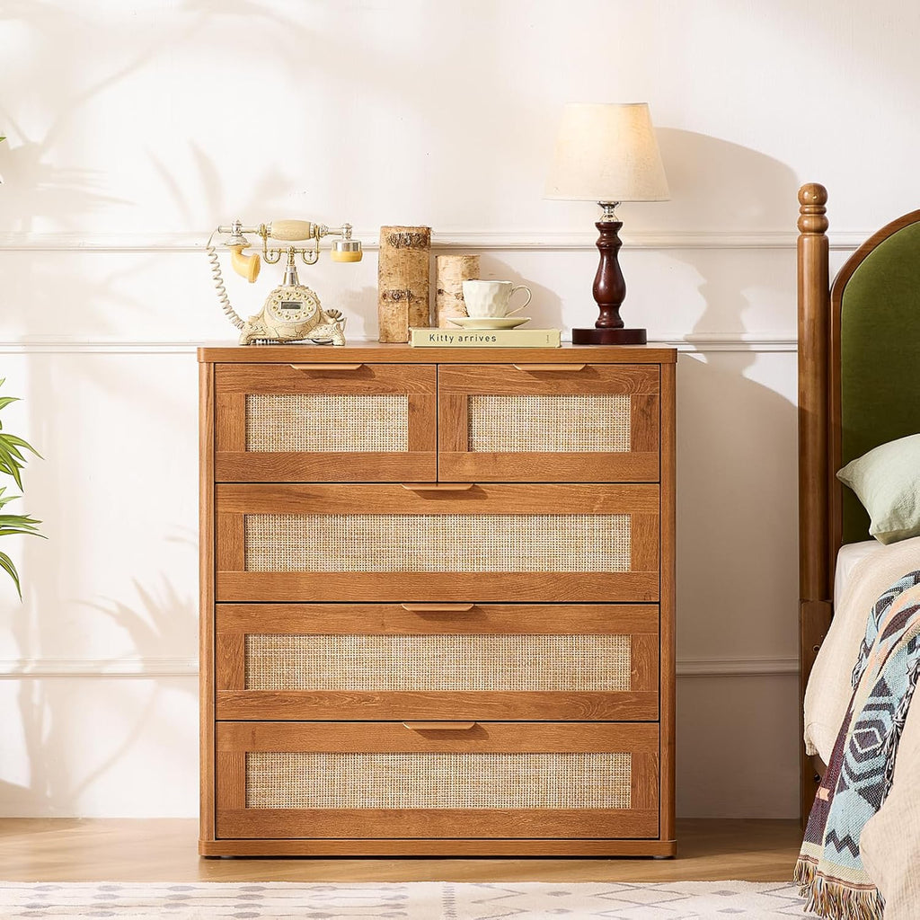 LEYAOYAO Rattan Dresser for Bedroom, 33.5" Tall Chest of Drawers, Modern 5 Drawers Boho Dressers with Storage, Vintage Brown Dresser Wooden Closet Organizer for Living Room, Hallway