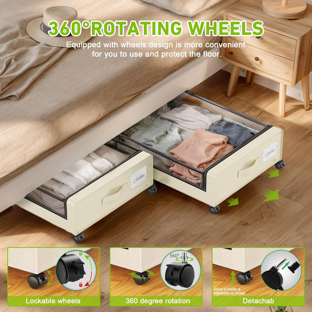 Under Bed Storage with Wheels, Under the Bed Storage Containers with Clear Lids & Label, Underbed Storage Bins, XXL 60L Rolling Metal Drawer for Clothes, Shoes, Toys, Books (Beige)