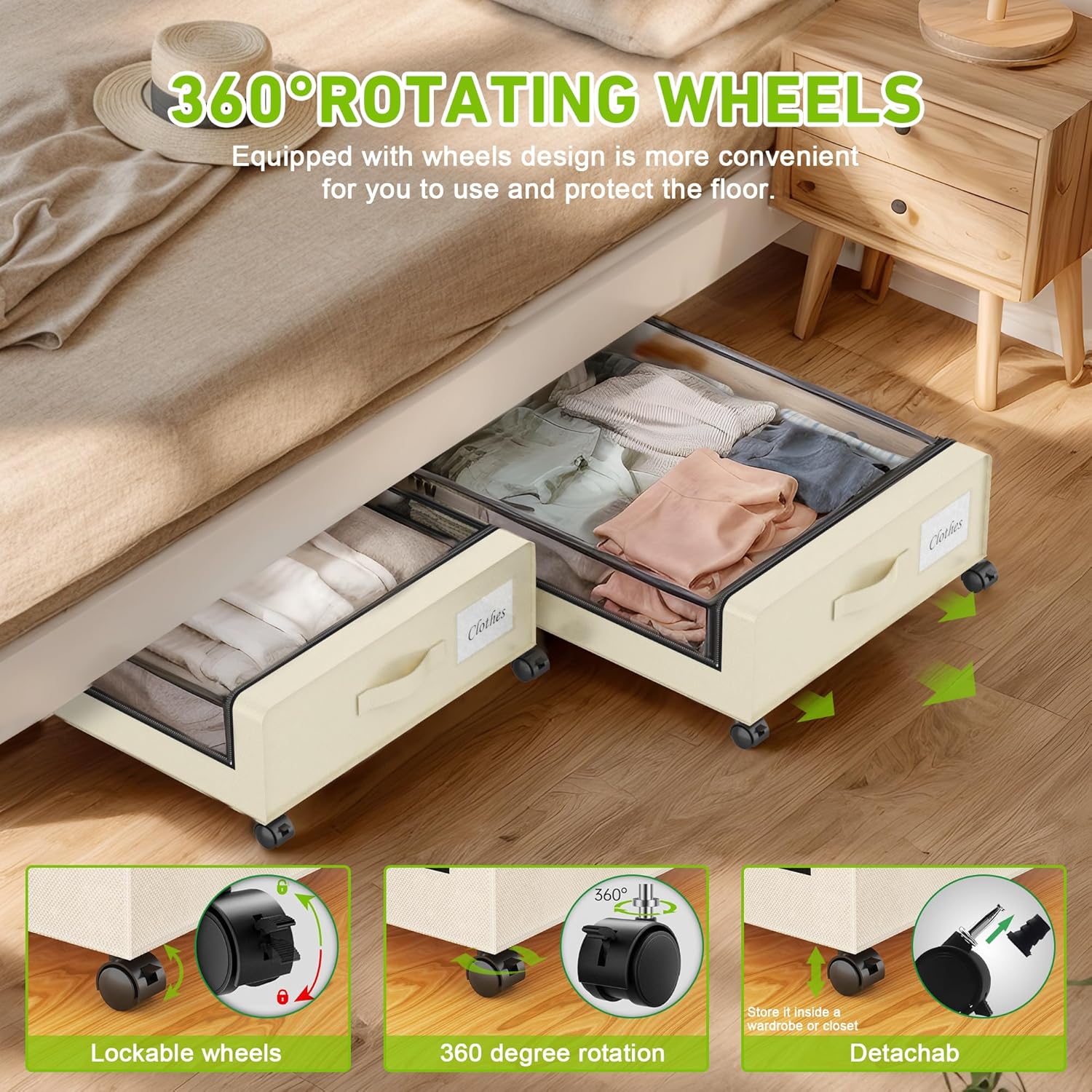 Under Bed Storage with Wheels, Under the Bed Storage Containers with Clear Lids & Label, Underbed Storage Bins, XXL 60L Rolling Metal Drawer for Clothes, Shoes, Toys, Books (4-Pack Beige)