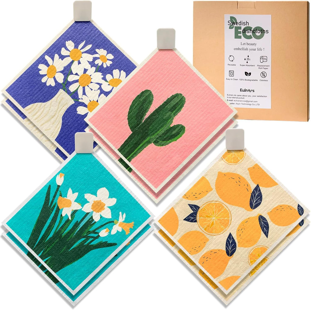 Swedish Dishcloths for Kitchen, 8 Pack Reusable Paper Towels with Clips, Non-Scratch Swedish Dish Towels, Super Absorbent Cellulose Sponge Cloths, Assorted