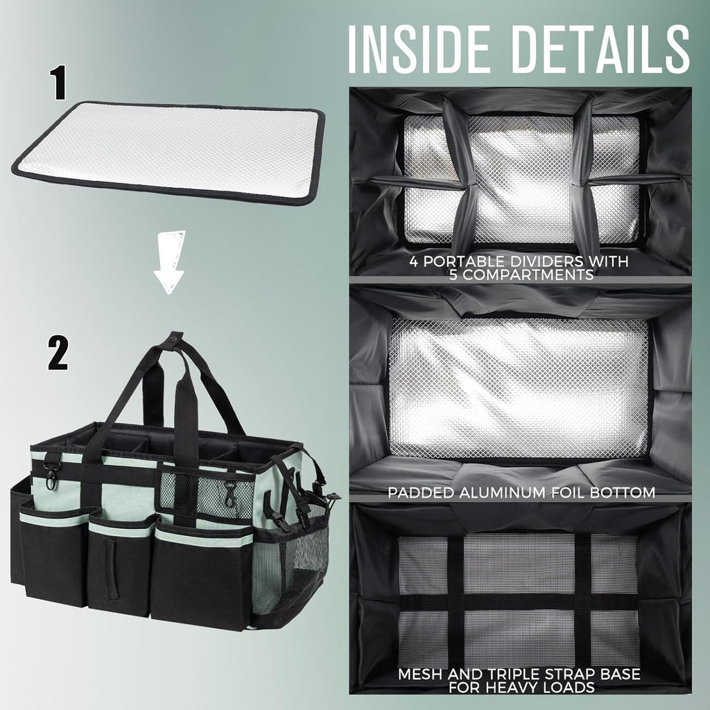 Wearable Cleaning Caddy, Cleaning Caddy Supplies Organizer with Handle & Shoulder Straps for Housekeepers, Under Sink & Car Cleaning Tool Organizers Bag with 4 Foldable Divider (Celadon)