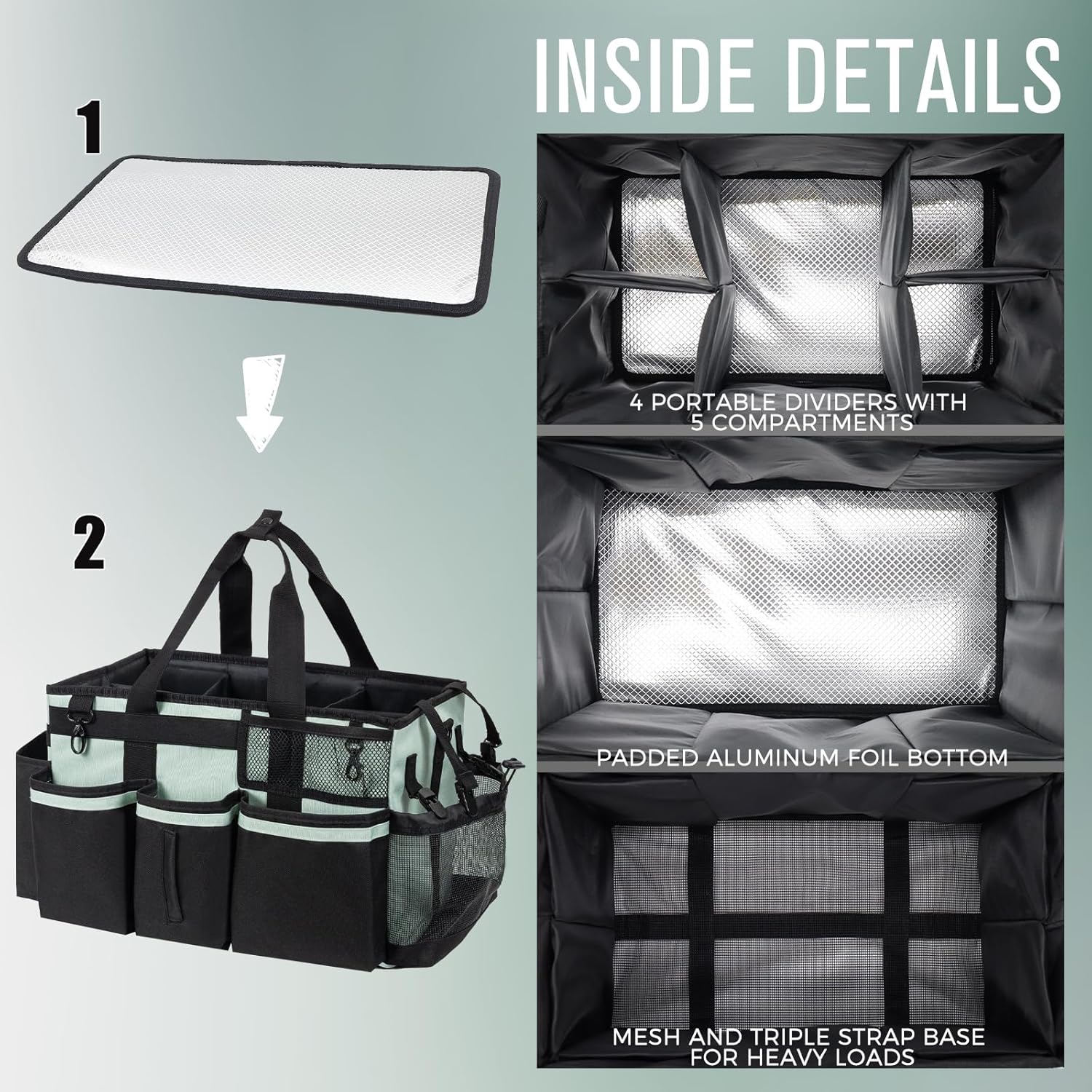 Wearable Cleaning Caddy, Cleaning Caddy Supplies Organizer with Handle & Shoulder Straps for Housekeepers, Under Sink & Car Cleaning Tool Organizers Bag with 4 Foldable Divider (Celadon)