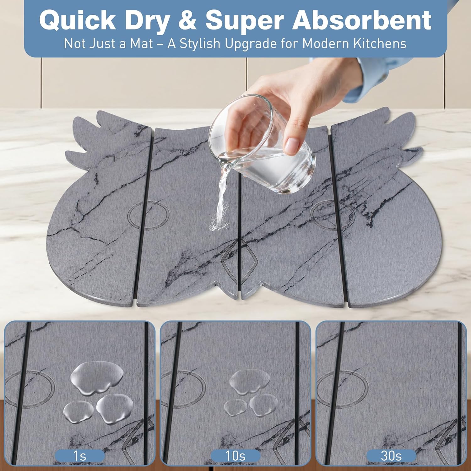 Large Stone Dish Drying Mat for Kitchen Counter,24"(L)×16"(W) Quick Dry Absorbent Diatomaceous Earth Dish Drying Mats,Owl Shape Design Drying Pads for Cups Dishes Bottles (Gray)