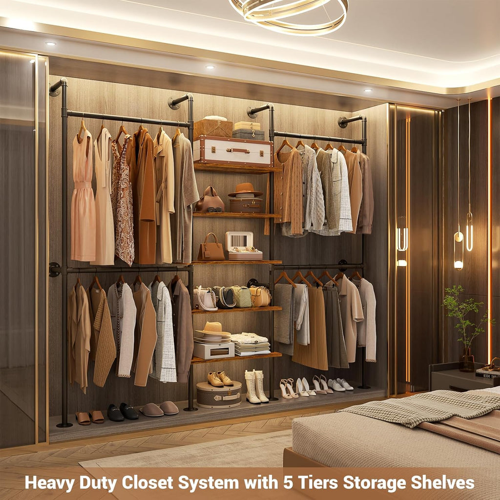 Aheaplus Industrial Pipe Clothing Rack, Reversible 6.42FT Clothes Rack for Hanging Clothes, Heavy Duty 5-Tier Closet Wardrobe Garment Racks with Shelves, Corner Closet Organizer System, Rustic Brown