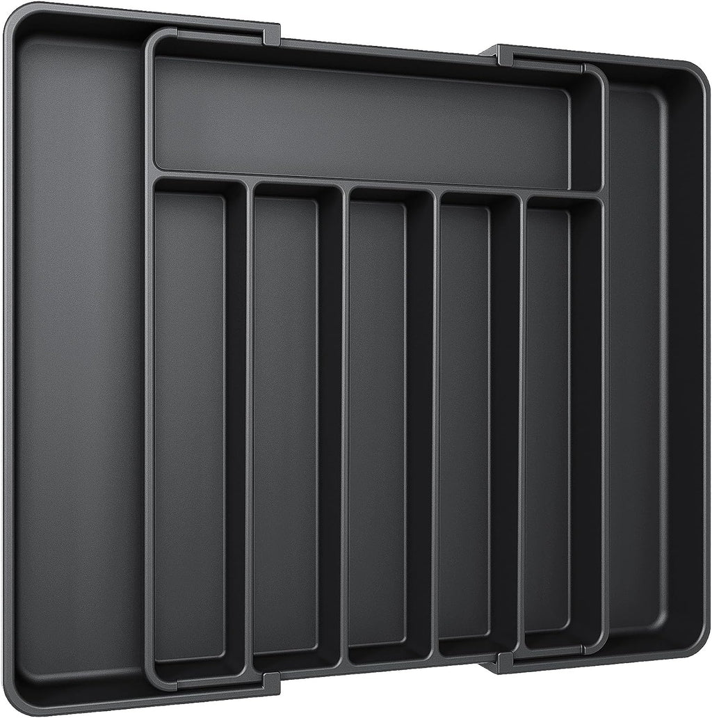 Aujen Silverware Organizer - Expandable Kitchen Drawer Organizer, Adjustable Utensil Organizer, Cutlery Tray for Forks, Knives, Multipurpose Kitchen Organizers and Storage Solution, Black, Large